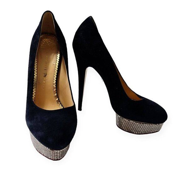 Charlotte Olympia Dolly Platform Pumps with Metal Platform, 41 EU, Navy Suede - Picture 4 of 16
